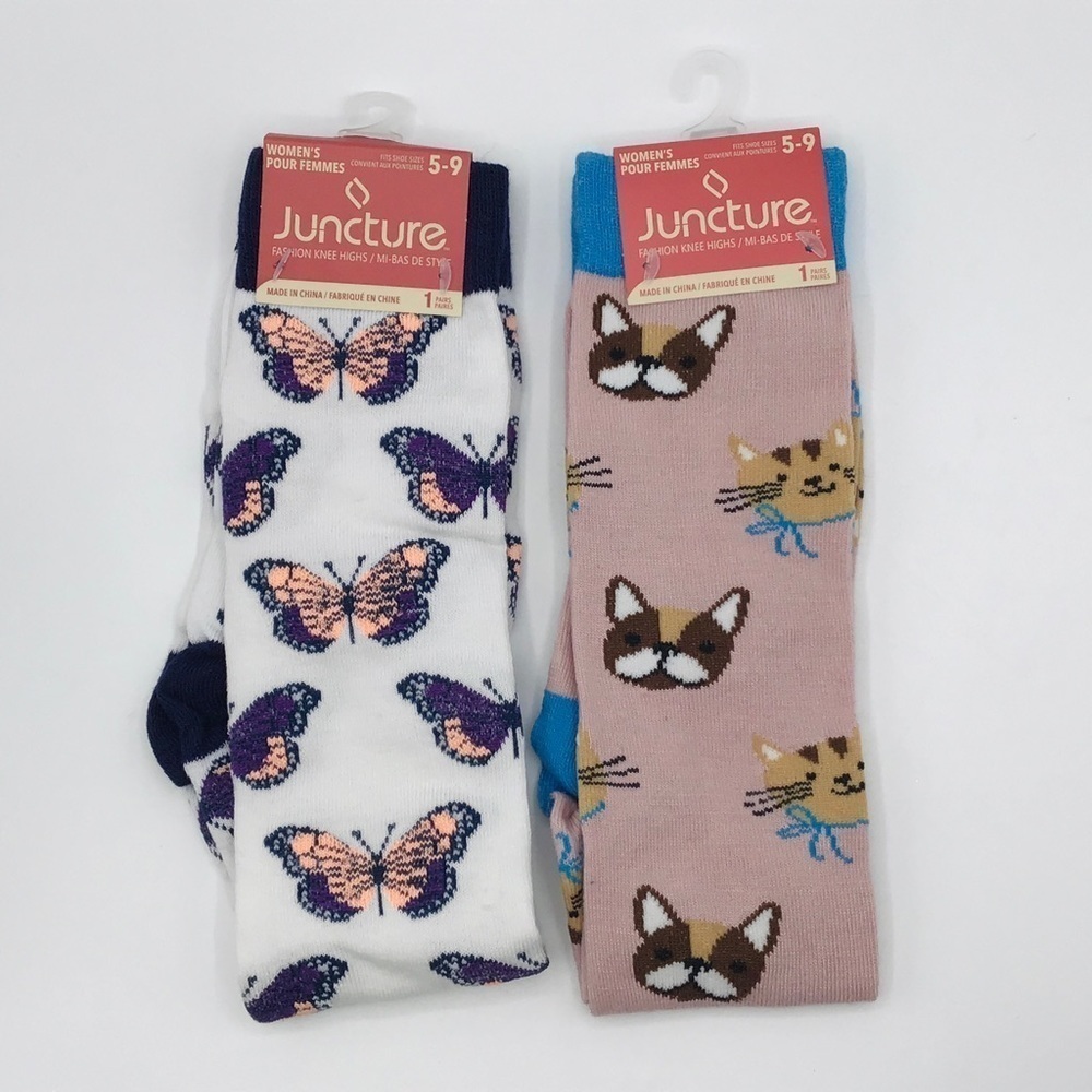 NWT Socks 2 Pairs Knee High Cat Dog Butterfly Print Women Size 5-9 Unisex